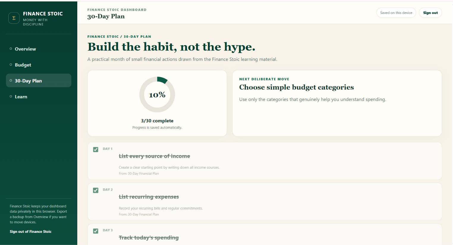 Finance Stoic 30-Day Plan screen