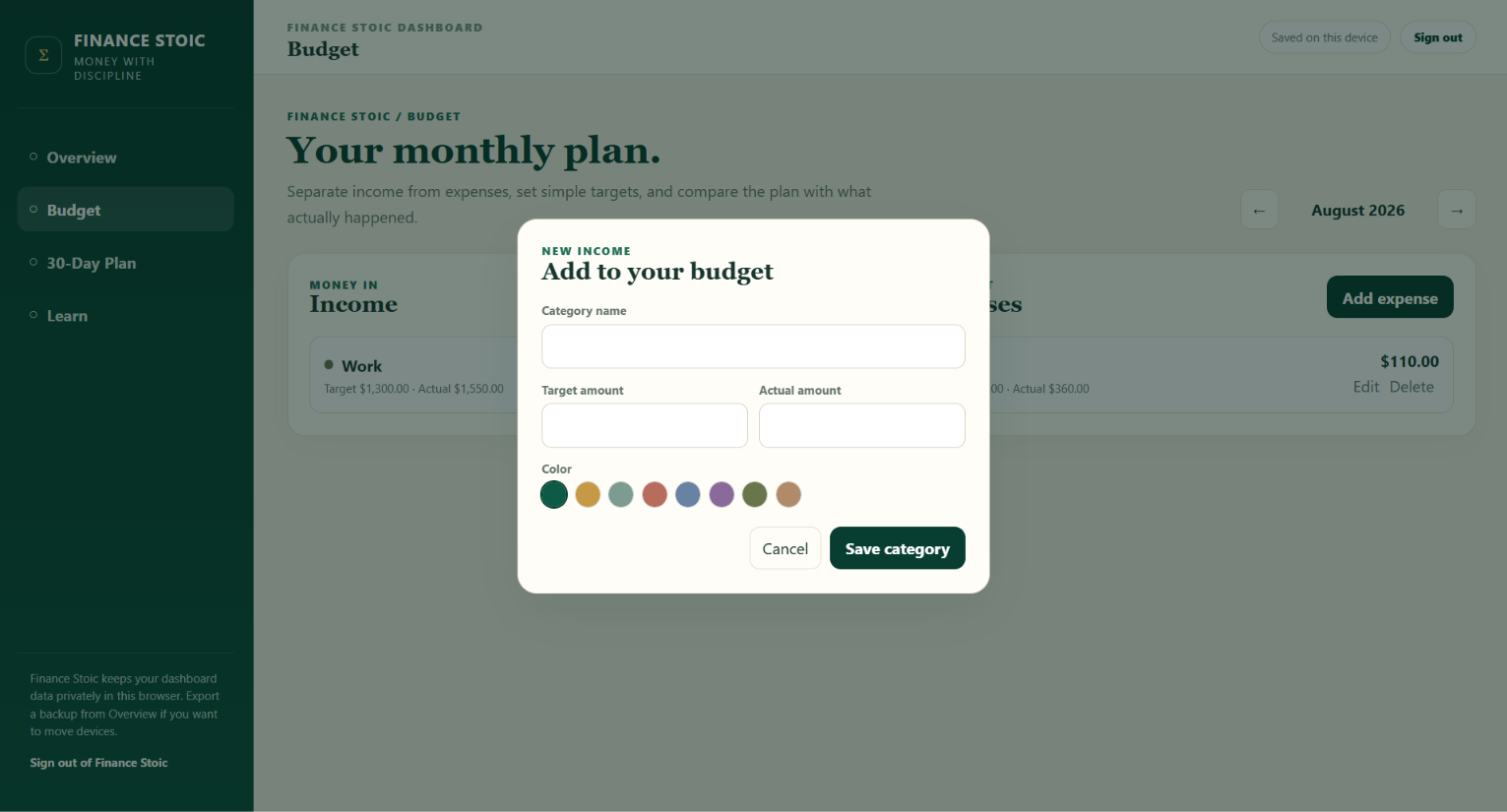 Finance Stoic budget screen