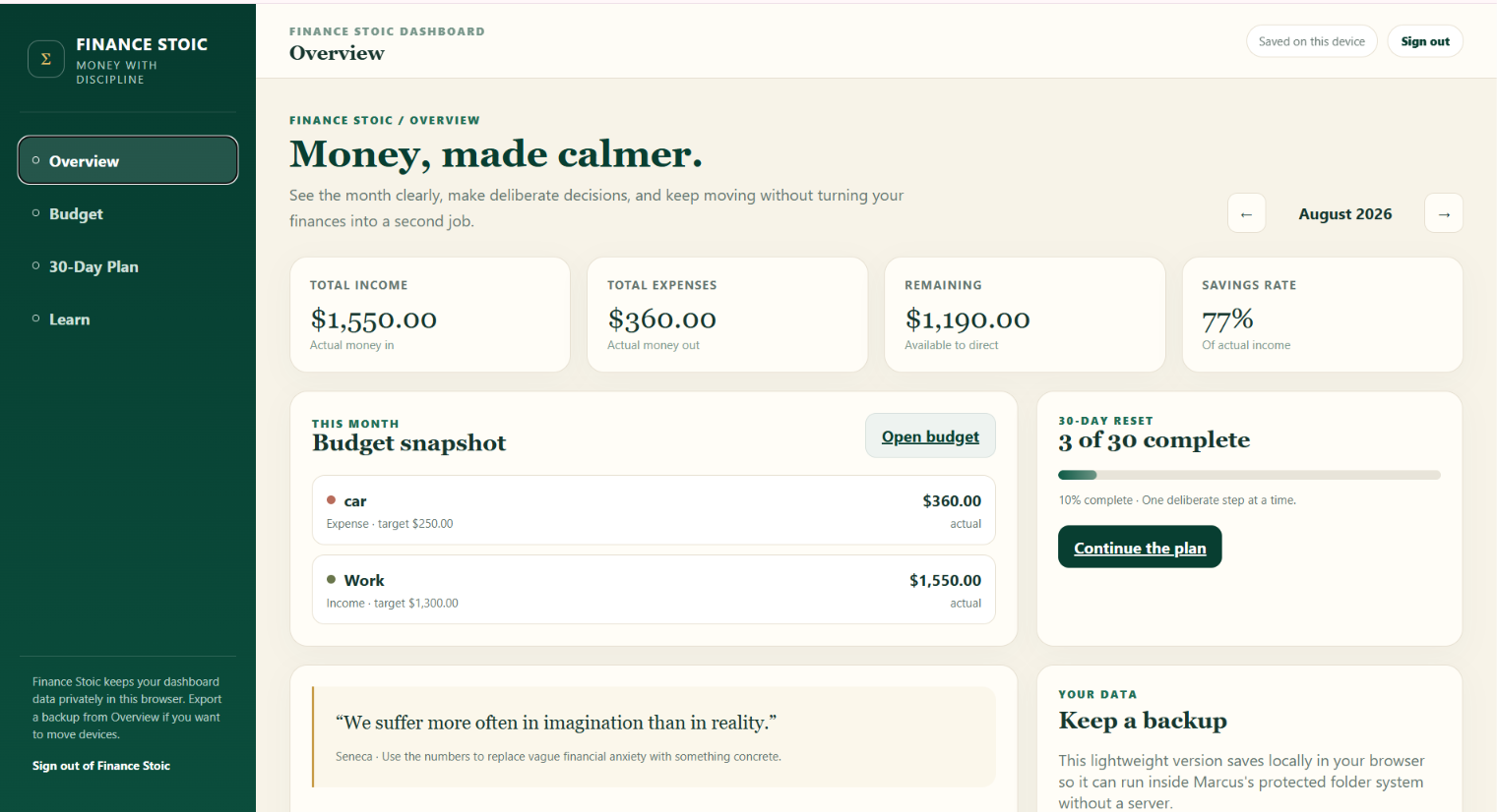 Finance Stoic dashboard overview showing income, expenses, remaining money, savings rate and budget progress
